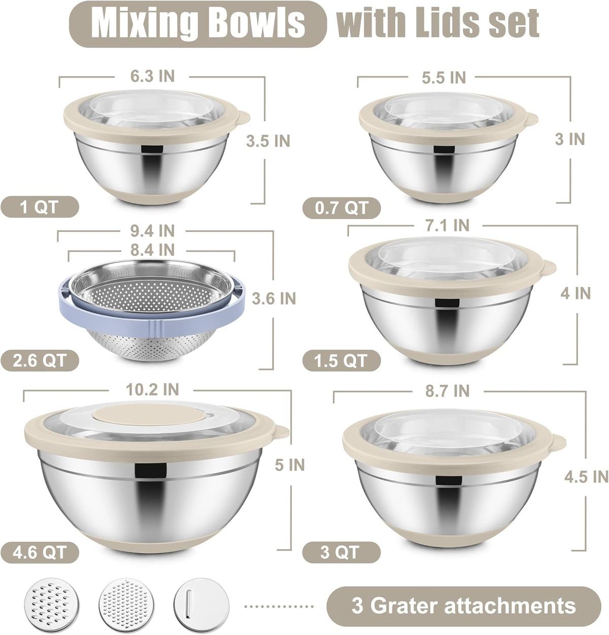 Stainless Steel Mixing Bowls with Lids & Colander, 15PCS