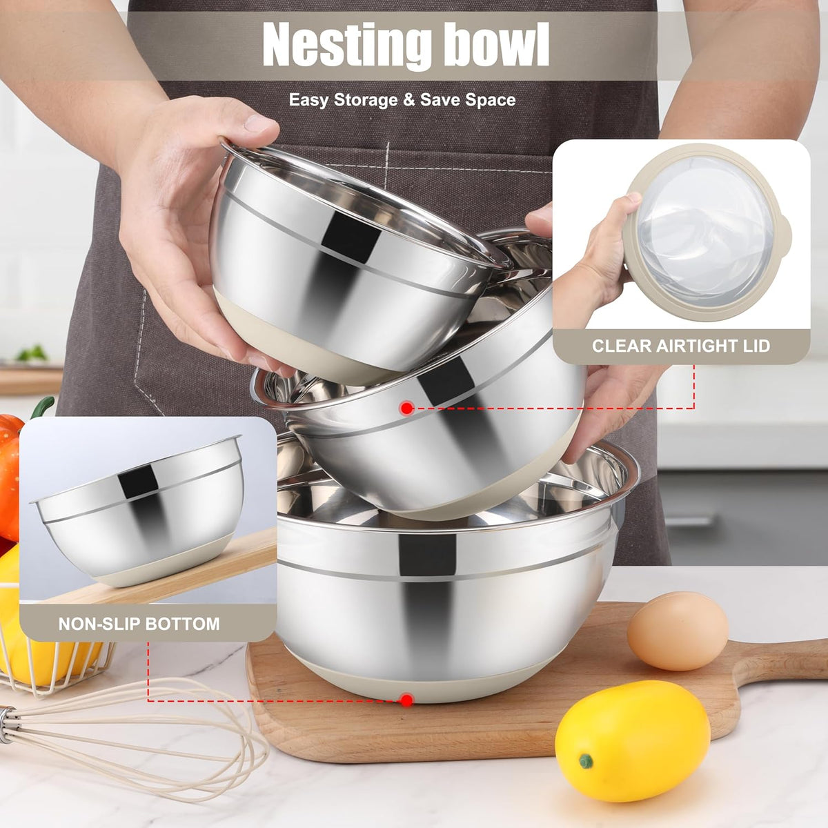 Stainless Steel Mixing Bowls with Lids & Colander, 15PCS