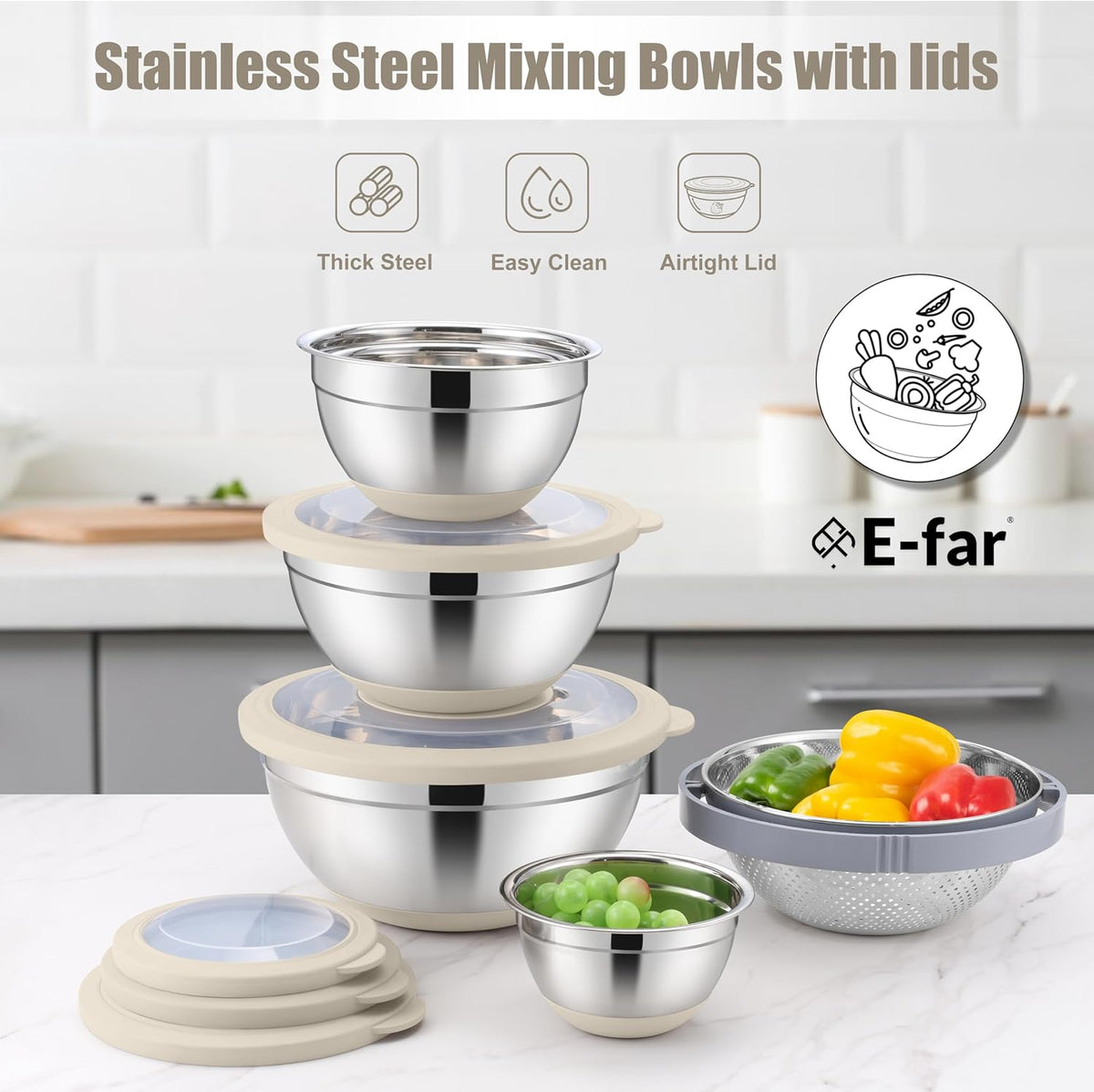 Stainless Steel Mixing Bowls with Lids & Colander, 15PCS