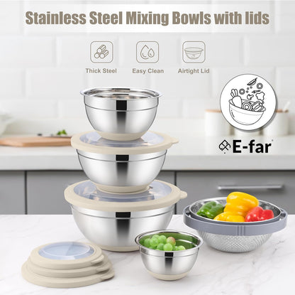 Stainless Steel Mixing Bowls with Lids & Colander, 15PCS