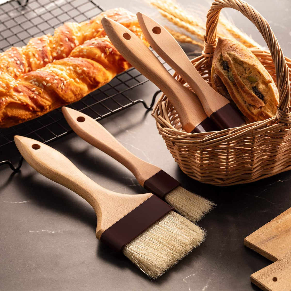 4 Pcs Pastry Brush, Natural Bristle Basting Brush for Cooking and Baking, BBQ Brushes for Butter, Baster, Oil, Egg, Sauce, Turkey, Grilling, Marinade and Kitchen Food(1 Inch, 1 1/2 Inch)