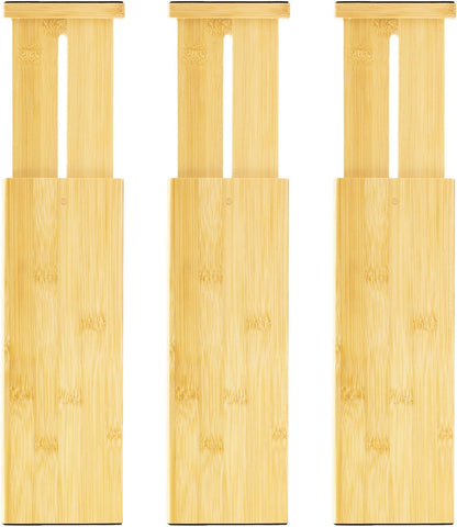 VaeFae 6-Pack Adjustable Bamboo Drawer Dividers, Expandable Drawer Organizer for Kitchen Utensils, Clothes, Bathroom, Office – Fits Drawer Interiors 16.6" to 21.8"