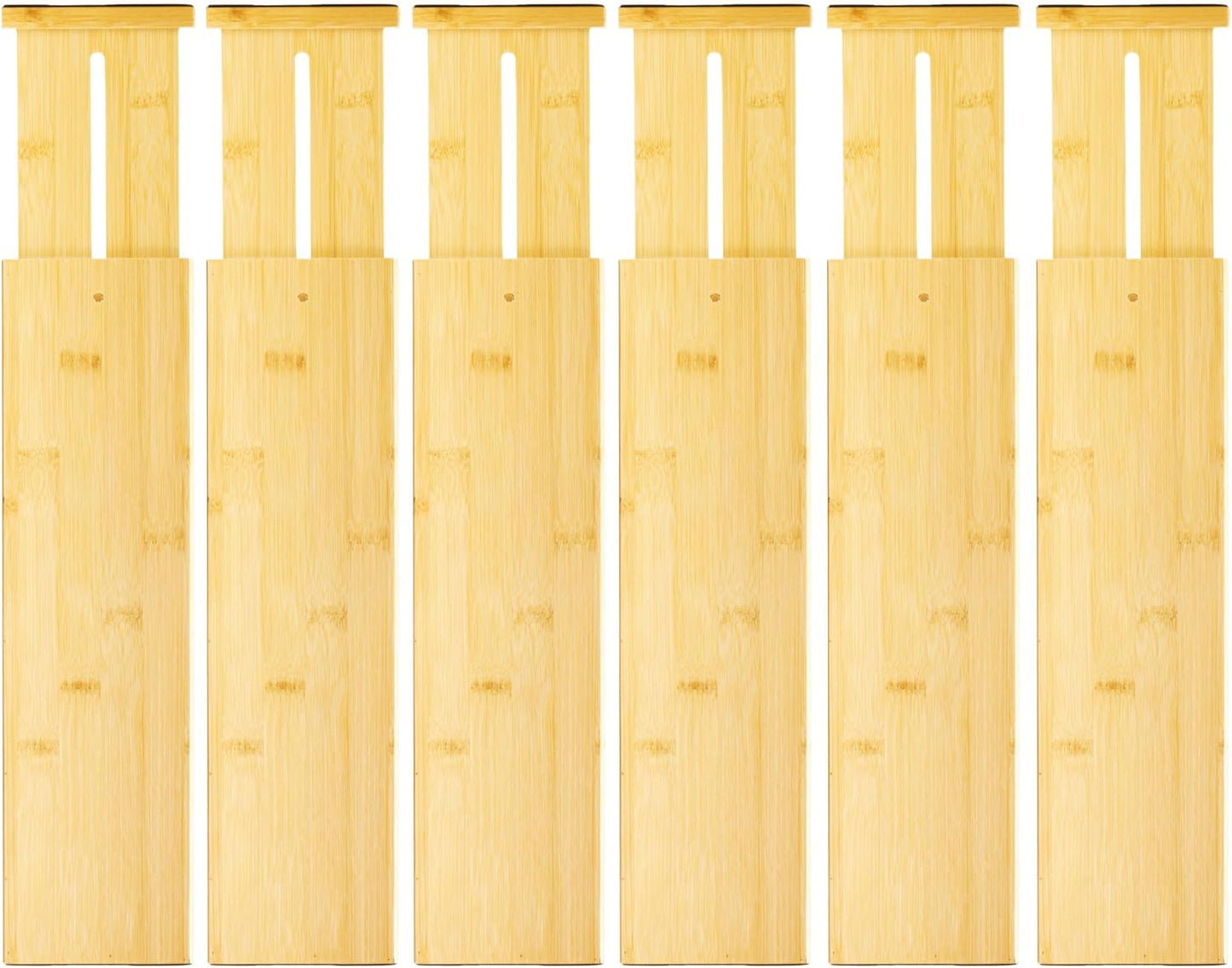 VaeFae 6-Pack Adjustable Bamboo Drawer Dividers, Expandable Drawer Organizer for Kitchen Utensils, Clothes, Bathroom, Office – Fits Drawer Interiors 16.6" to 21.8"