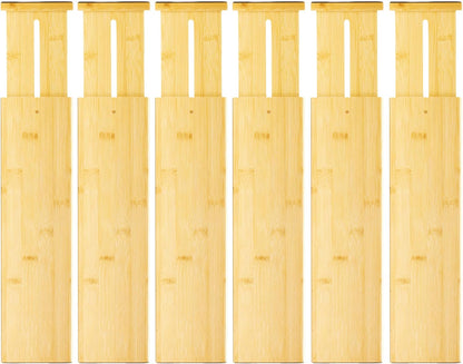 VaeFae 6-Pack Adjustable Bamboo Drawer Dividers, Expandable Drawer Organizer for Kitchen Utensils, Clothes, Bathroom, Office – Fits Drawer Interiors 16.6" to 21.8"