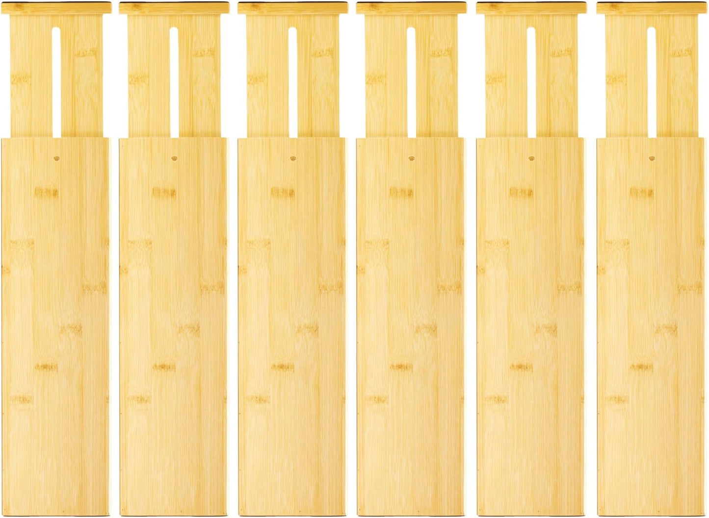VaeFae 6-Pack Adjustable Bamboo Drawer Dividers, Expandable Drawer Organizer for Kitchen Utensils, Clothes, Bathroom, Office – Fits Drawer Interiors 16.6" to 21.8"