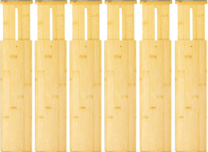 VaeFae 6-Pack Adjustable Bamboo Drawer Dividers, Expandable Drawer Organizer for Kitchen Utensils, Clothes, Bathroom, Office – Fits Drawer Interiors 16.6" to 21.8"
