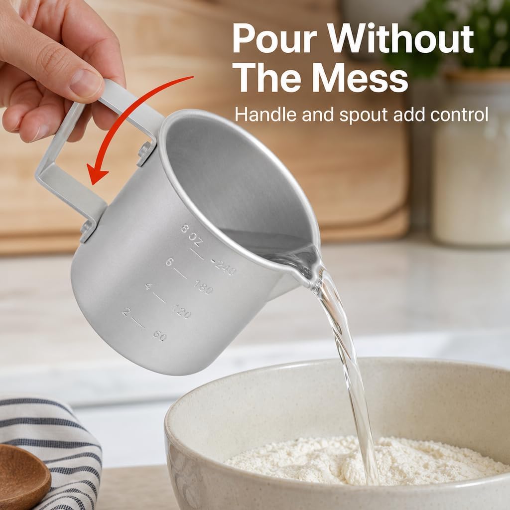 Measuring Cup, 8 oz Metal Measuring Cup with Handle and Pour Lip for liquid with Easy-Read Markings for Cooking and Baking, Kitchen Essential Aluminium
