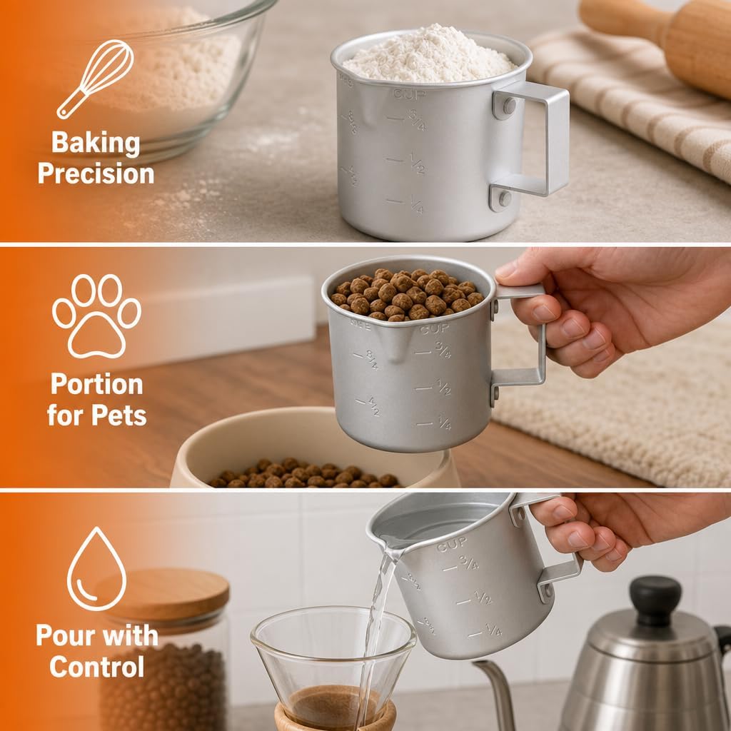 Measuring Cup, 8 oz Metal Measuring Cup with Handle and Pour Lip for liquid with Easy-Read Markings for Cooking and Baking, Kitchen Essential Aluminium