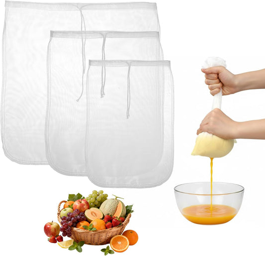 3Pcs Nut Milk Bag Reusable 80 Mesh Fine Nylon Juice Strainer Mesh Cheese Cloth Bag with Drawstring for Coffee,Yogurt,Soup,Purees,Juice(3Sizes)