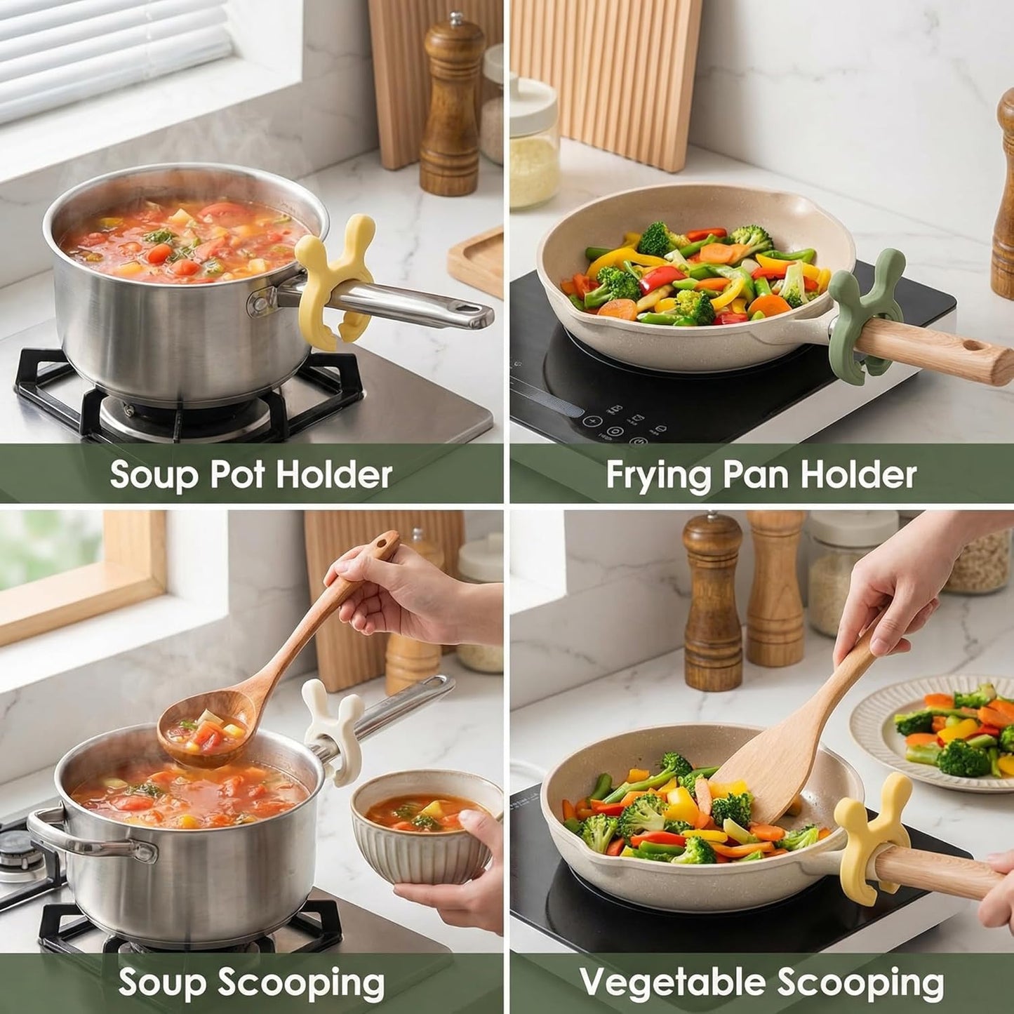 4Pcs Multifunction Silicone Pot Handle Spatula Rack Set, 2026 Non-Slip Spoon Holder Stove Organizer Kitchen Gadgets, Steam Releaser,Utensil Anti Scalding Pot Clip for Cooking Accessories (1, 3 Color)