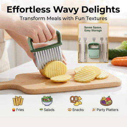 3-in-1 Vegetable Slicer Set with Onion Holder Crinkle Cutter Green Onion Slicer, Stainless Steel Kitchen Chopper for Potato Tomato Lemon Safe Guide Food Prep Gadgets