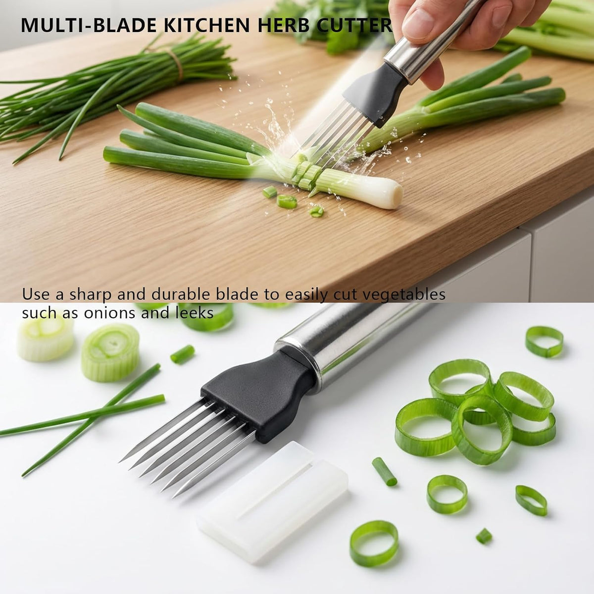 3-in-1 Vegetable Slicer Set with Onion Holder Crinkle Cutter Green Onion Slicer, Stainless Steel Kitchen Chopper for Potato Tomato Lemon Safe Guide Food Prep Gadgets