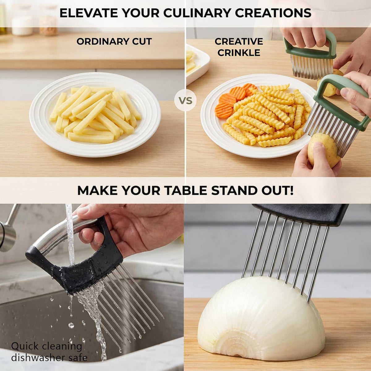 3-in-1 Vegetable Slicer Set with Onion Holder Crinkle Cutter Green Onion Slicer, Stainless Steel Kitchen Chopper for Potato Tomato Lemon Safe Guide Food Prep Gadgets