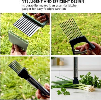 3-in-1 Vegetable Slicer Set with Onion Holder Crinkle Cutter Green Onion Slicer, Stainless Steel Kitchen Chopper for Potato Tomato Lemon Safe Guide Food Prep Gadgets