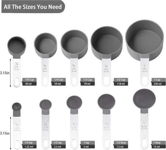Measuring Cups and Spoons Set of Kitchen Gadgets 10 Pieces, Stackable Stainless Steel Handle Measuring Cups for Measuring Dry and Liquid Ingredient (Gray)