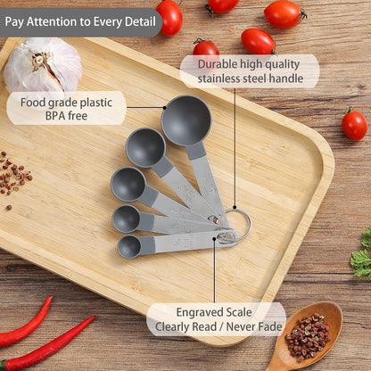 Measuring Cups and Spoons Set of Kitchen Gadgets 10 Pieces, Stackable Stainless Steel Handle Measuring Cups for Measuring Dry and Liquid Ingredient (Gray)