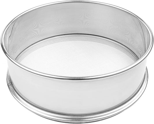 Stainless Steel Flour Sifter Fine Mesh Sieve 12" Round | 20-mesh baking sieve with 0.85mm hole size; 2.5" deep; durable food-grade stainless steel build for even flour sifting.