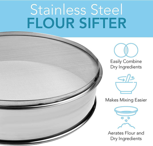 Stainless Steel Flour Sifter Fine Mesh Sieve 12" Round | 20-mesh baking sieve with 0.85mm hole size; 2.5" deep; durable food-grade stainless steel build for even flour sifting.