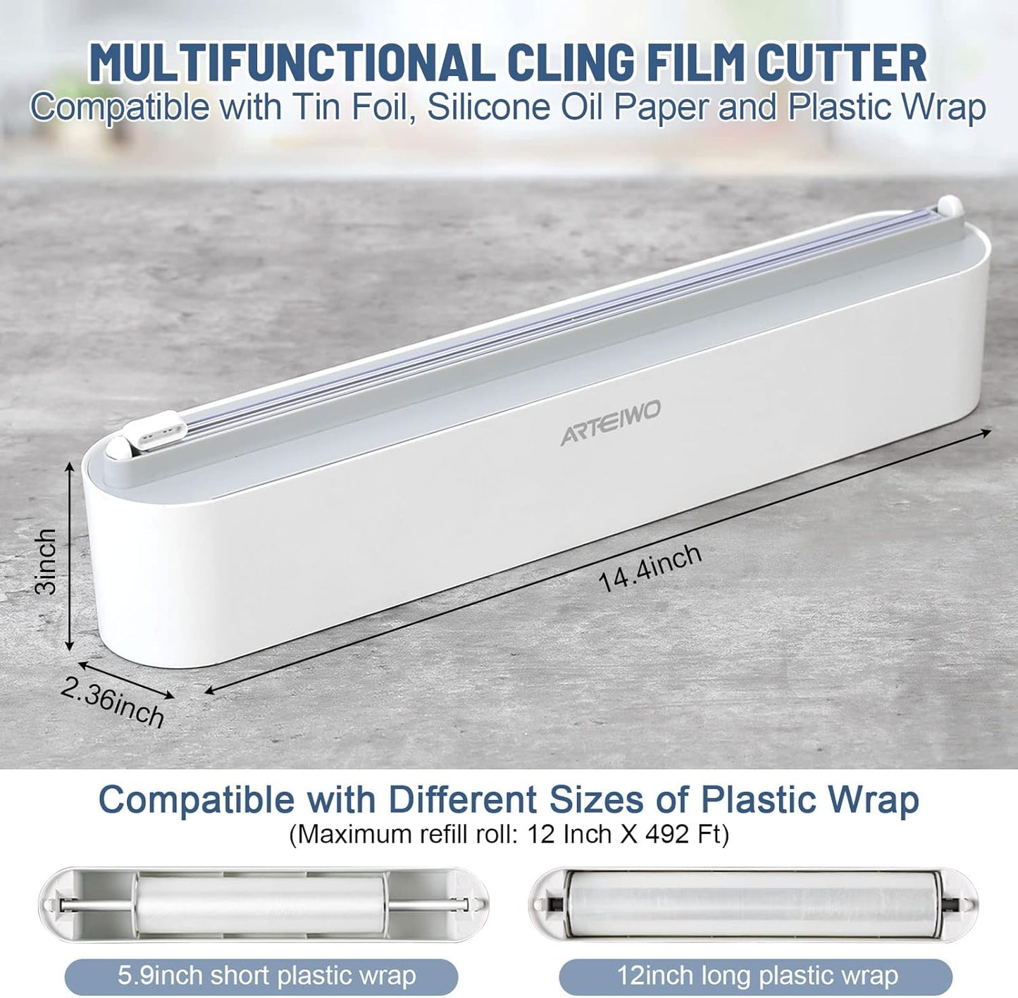 Magnetic Refillable Plastic Wrap Dispenser With Cutter, Tin Aluminum Foil Dispenser with Cutter, Sturdy Food Cling Wrap Film Cutter, 12 Inch X 328 Feet Plastic Wrap Included…