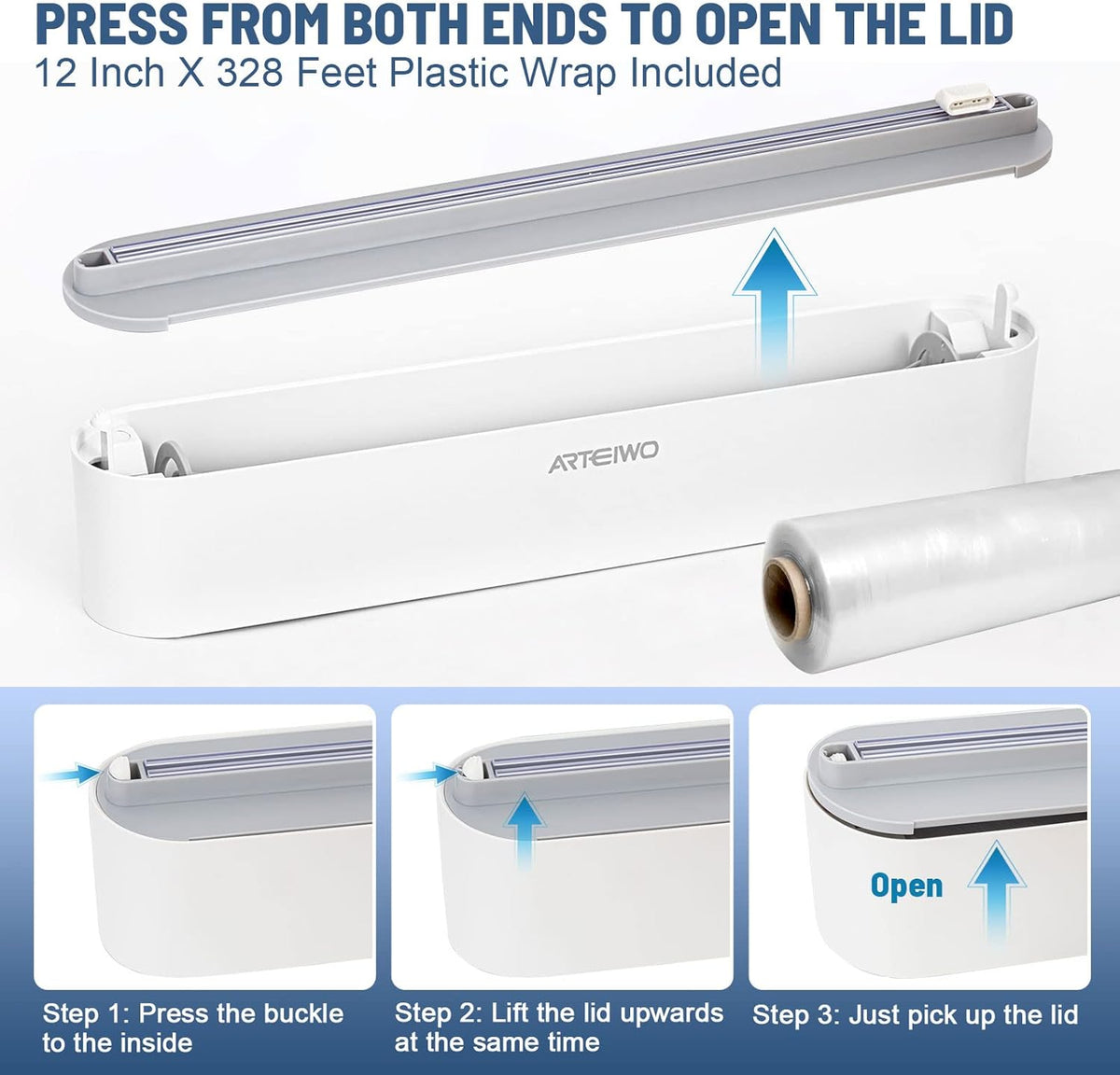 Magnetic Refillable Plastic Wrap Dispenser With Cutter, Tin Aluminum Foil Dispenser with Cutter, Sturdy Food Cling Wrap Film Cutter, 12 Inch X 328 Feet Plastic Wrap Included…