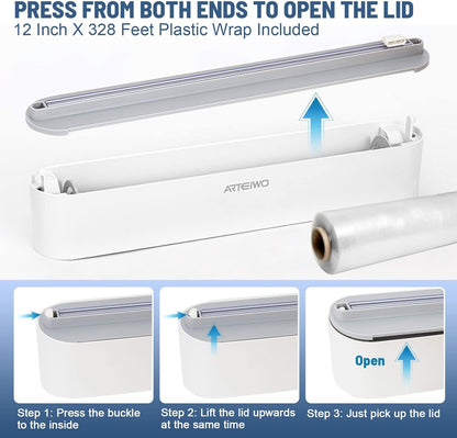 Magnetic Refillable Plastic Wrap Dispenser With Cutter, Tin Aluminum Foil Dispenser with Cutter, Sturdy Food Cling Wrap Film Cutter, 12 Inch X 328 Feet Plastic Wrap Included…