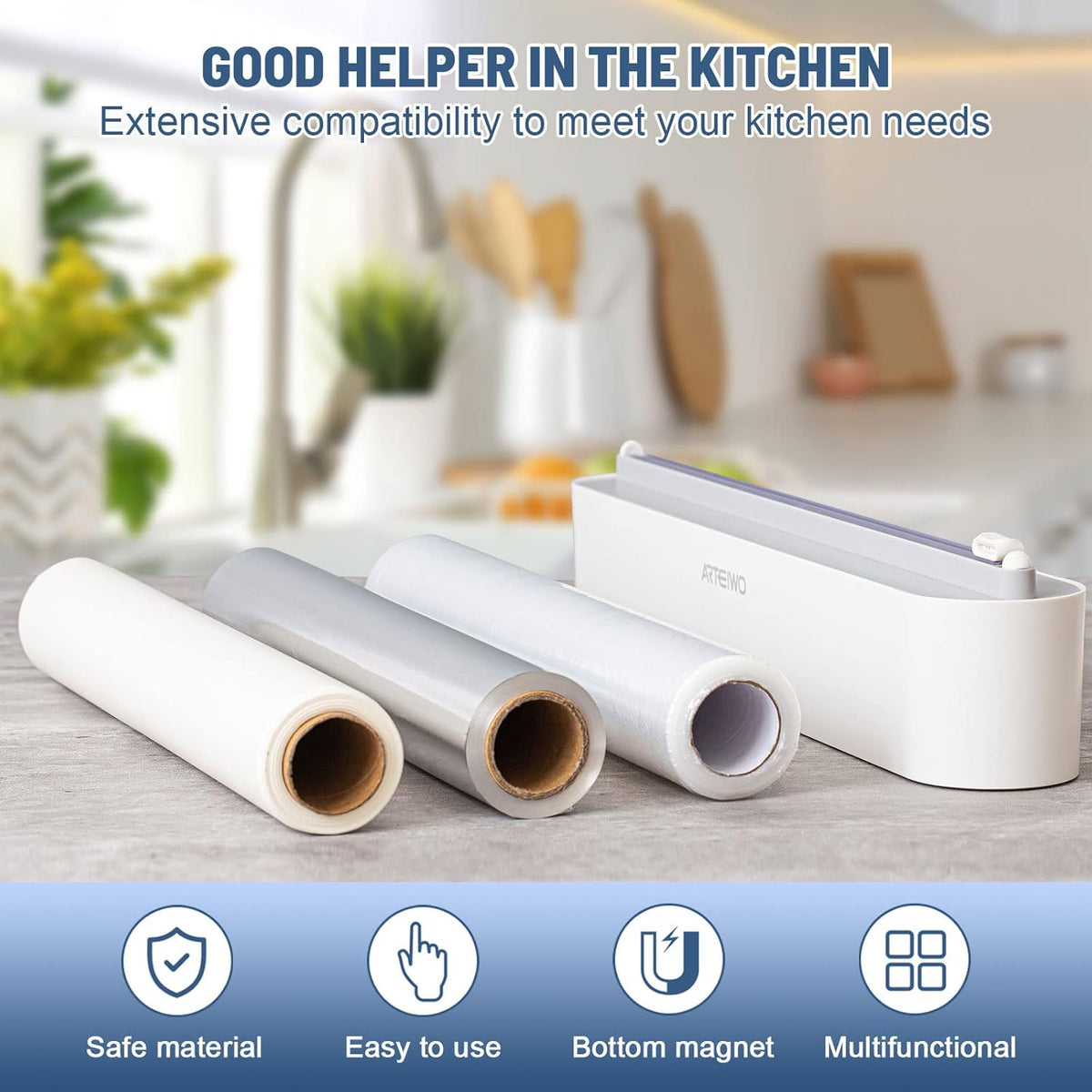 Magnetic Refillable Plastic Wrap Dispenser With Cutter, Tin Aluminum Foil Dispenser with Cutter, Sturdy Food Cling Wrap Film Cutter, 12 Inch X 328 Feet Plastic Wrap Included…