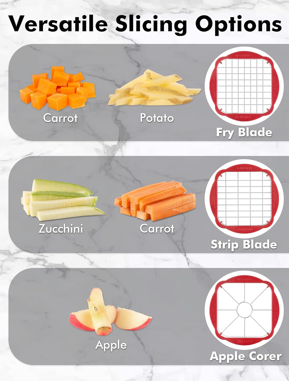 French Fry Cutter, Potato Cutter, Apple Slicer and Corer, 3 Blades | Finish in 5s, Ultra-sharp 420 Stainless Steel blade, Dishwasher Safe, No BPA, For Vegetable & Fruit, Cleaning Brush Included