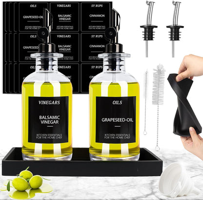3PCS Olive Oil Dispenser Bottle For Kitchen, Soy Sauce Dispenser, Glass Oil and Vinegar Dispenser Set W. Wooden Tray & Labels & 3 Replacement Spouts, Coffee Syrup Dispenser(Clear)