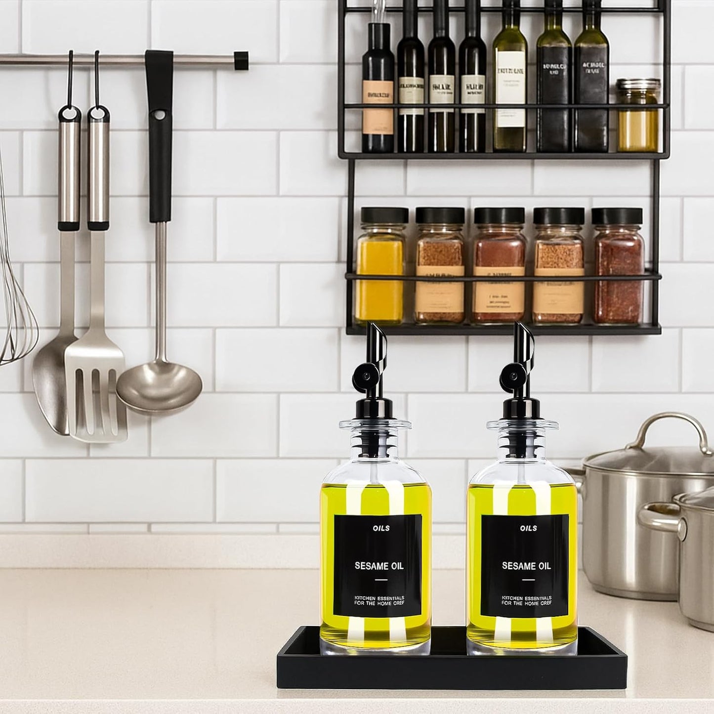 3PCS Olive Oil Dispenser Bottle For Kitchen, Soy Sauce Dispenser, Glass Oil and Vinegar Dispenser Set W. Wooden Tray & Labels & 3 Replacement Spouts, Coffee Syrup Dispenser(Clear)