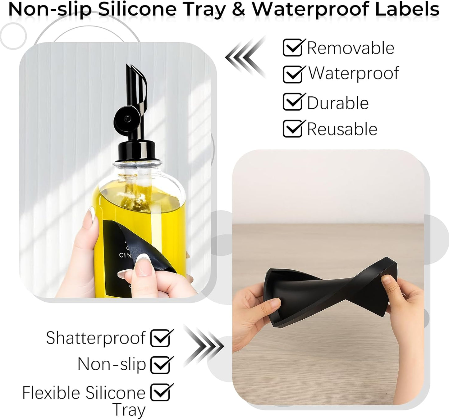 3PCS Olive Oil Dispenser Bottle For Kitchen, Soy Sauce Dispenser, Glass Oil and Vinegar Dispenser Set W. Wooden Tray & Labels & 3 Replacement Spouts, Coffee Syrup Dispenser(Clear)