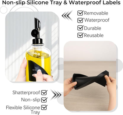 3PCS Olive Oil Dispenser Bottle For Kitchen, Soy Sauce Dispenser, Glass Oil and Vinegar Dispenser Set W. Wooden Tray & Labels & 3 Replacement Spouts, Coffee Syrup Dispenser(Clear)