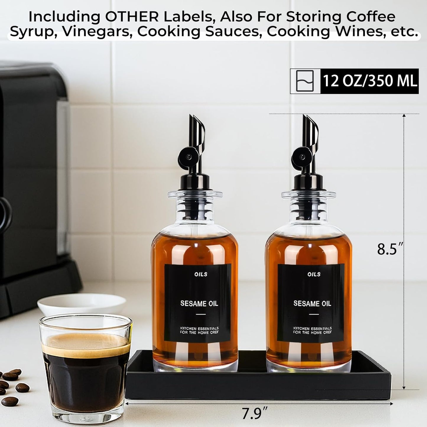 3PCS Olive Oil Dispenser Bottle For Kitchen, Soy Sauce Dispenser, Glass Oil and Vinegar Dispenser Set W. Wooden Tray & Labels & 3 Replacement Spouts, Coffee Syrup Dispenser(Clear)