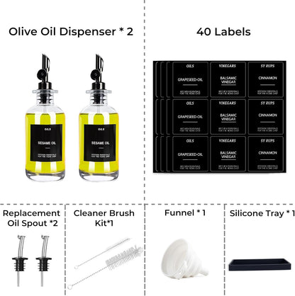 3PCS Olive Oil Dispenser Bottle For Kitchen, Soy Sauce Dispenser, Glass Oil and Vinegar Dispenser Set W. Wooden Tray & Labels & 3 Replacement Spouts, Coffee Syrup Dispenser(Clear)