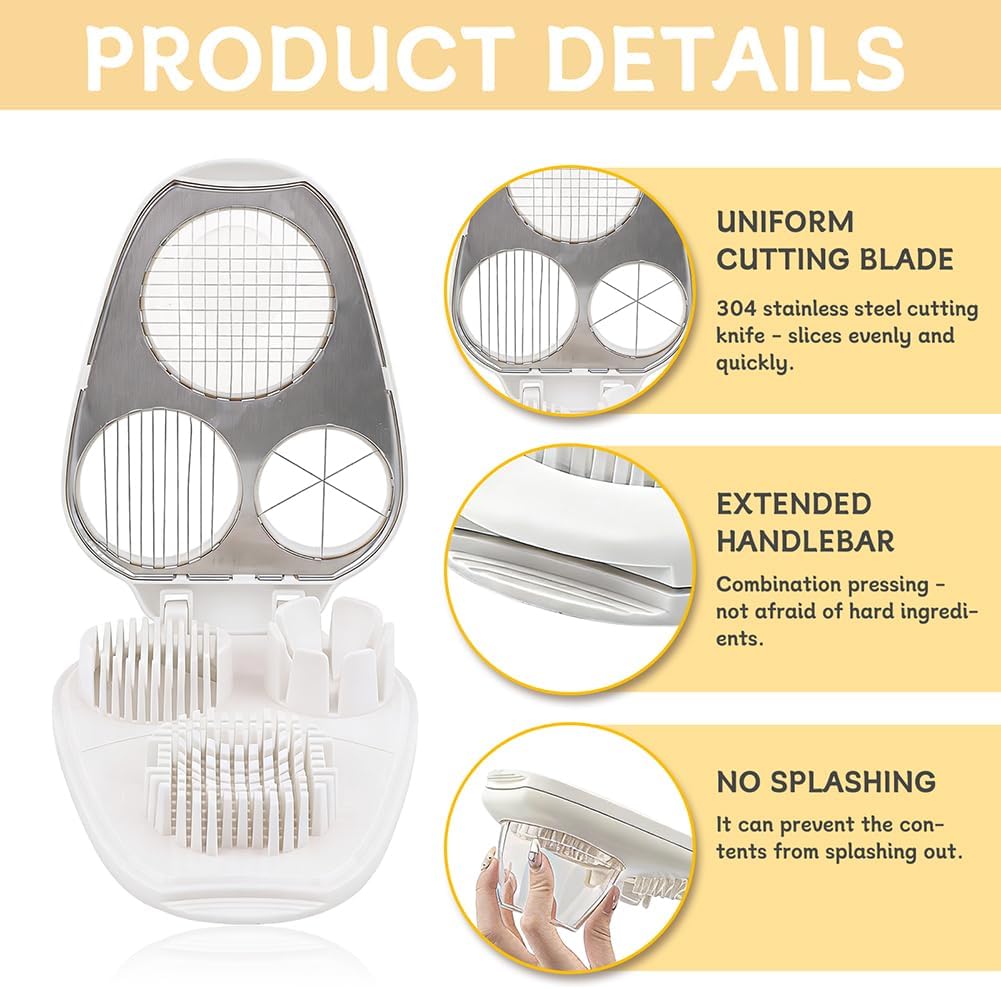 3 in 1 Boiled Egg Slicer, Manual Egg Slicer for Hard Boiled Eggs, 3 Slice Modes Chopper Cutter Stainless Steel Dicer, Kitchen Gadget for Butter Strawberry Tomato, Labor Saving