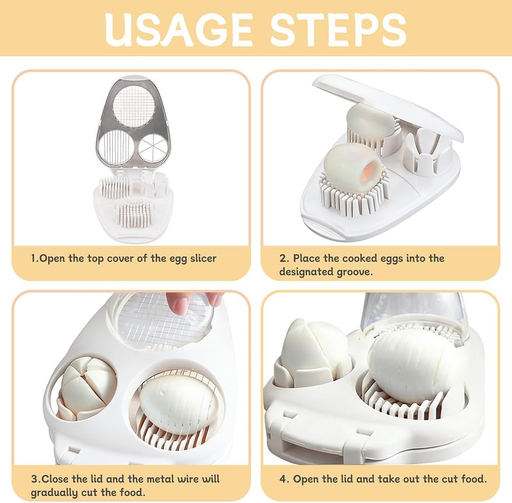 3 in 1 Boiled Egg Slicer, Manual Egg Slicer for Hard Boiled Eggs, 3 Slice Modes Chopper Cutter Stainless Steel Dicer, Kitchen Gadget for Butter Strawberry Tomato, Labor Saving