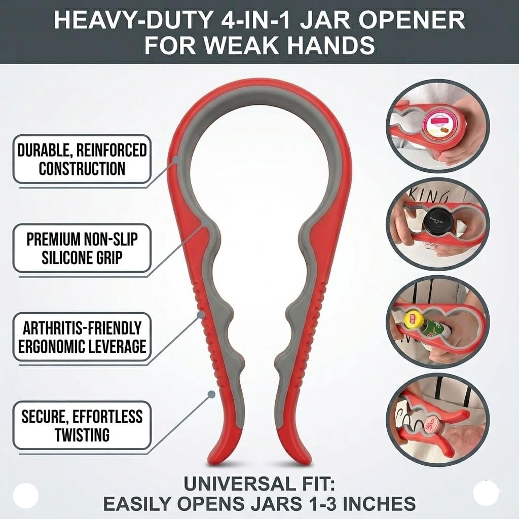 Can Openers for Seniors with Arthritis 4PC-Set Jar Lid & Water Bottle Openers for Seniors | Kitchen Essentials for New Home Gadgets Gifts for Elderly | Non-Slip Silicone Rubber Gripper Pad
