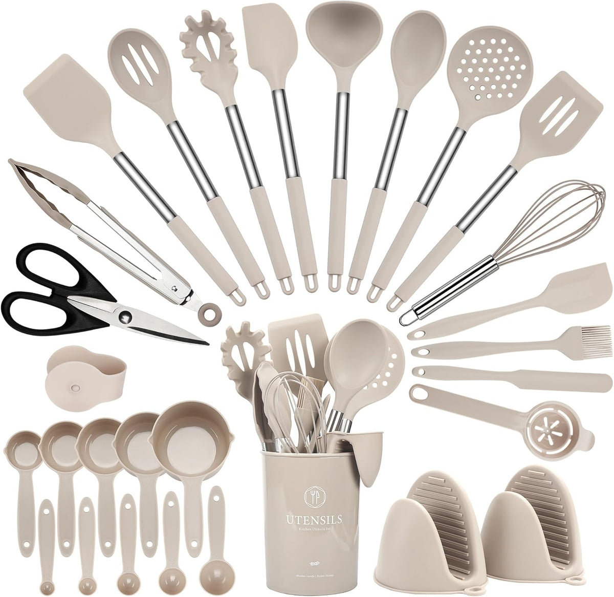 28 Pcs Silicone Cooking Utensils Set with Stainless Steel Handle, 446℉ Heat-Resistant Kitchen Utensils Set with Holder, Dishwasher Washable Silicone Spatula for Non-stick Cookware (Khaki)