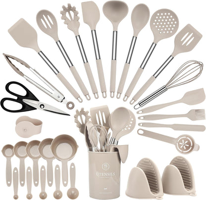 28 Pcs Silicone Cooking Utensils Set with Stainless Steel Handle, 446℉ Heat-Resistant Kitchen Utensils Set with Holder, Dishwasher Washable Silicone Spatula for Non-stick Cookware (Khaki)