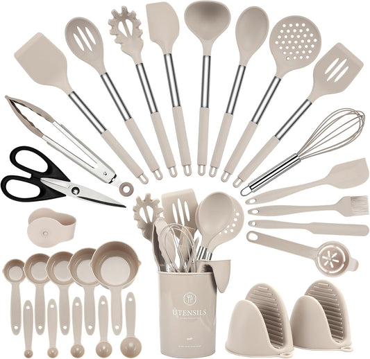 28 Pcs Silicone Cooking Utensils Set with Stainless Steel Handle, 446℉ Heat-Resistant Kitchen Utensils Set with Holder, Dishwasher Washable Silicone Spatula for Non-stick Cookware (Khaki)