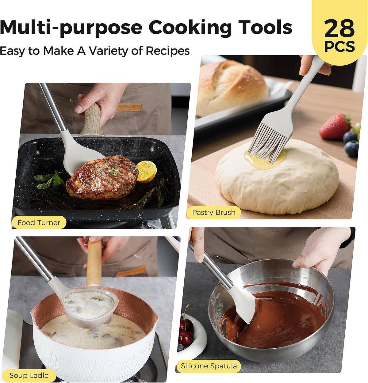28 Pcs Silicone Cooking Utensils Set with Stainless Steel Handle, 446℉ Heat-Resistant Kitchen Utensils Set with Holder, Dishwasher Washable Silicone Spatula for Non-stick Cookware (Khaki)