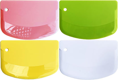 Hard Dough Scraper 4 PCs PP Plastic Bench Scraper Food Scraper | Bowl Scraper,BPA Free Food-Safe,Multipurpose,Dough Cutter for Pastry Bake Cake Pizza,Bread Making, White, Green, Yellow, Pink