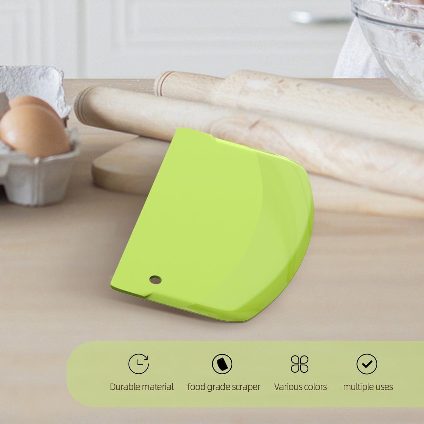 Hard Dough Scraper 4 PCs PP Plastic Bench Scraper Food Scraper | Bowl Scraper,BPA Free Food-Safe,Multipurpose,Dough Cutter for Pastry Bake Cake Pizza,Bread Making, White, Green, Yellow, Pink