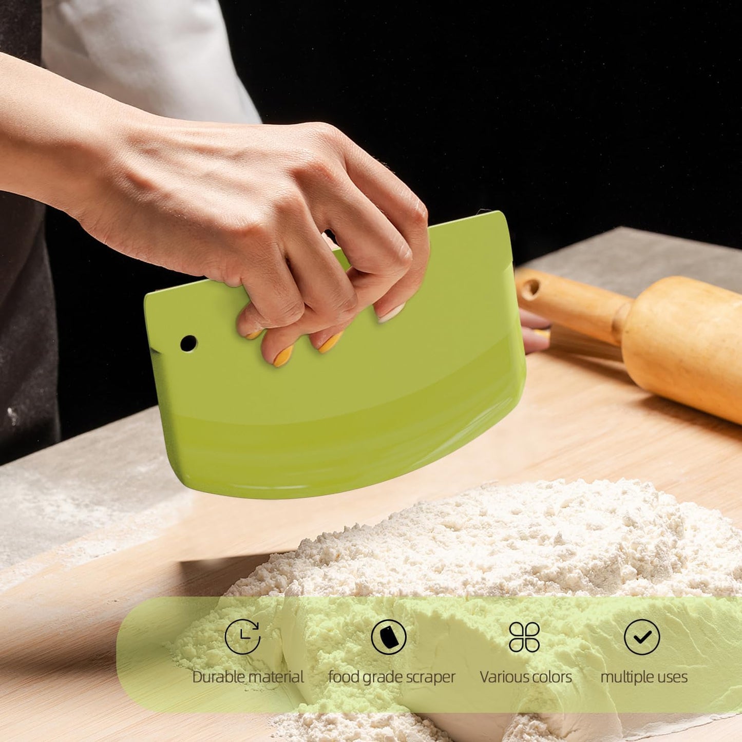 Hard Dough Scraper 4 PCs PP Plastic Bench Scraper Food Scraper | Bowl Scraper,BPA Free Food-Safe,Multipurpose,Dough Cutter for Pastry Bake Cake Pizza,Bread Making, White, Green, Yellow, Pink