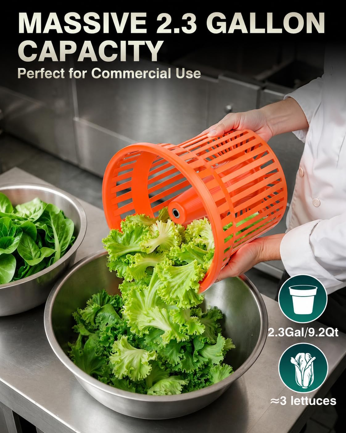 Commercial Salad Spinner - 2.3 Gallon Salad Dryer w/Silicone Anti-slip Mat & Draining Hose, 8Qt Manual Salad Spinner for 3 Heads of Lettuce Spinner Large for Catering