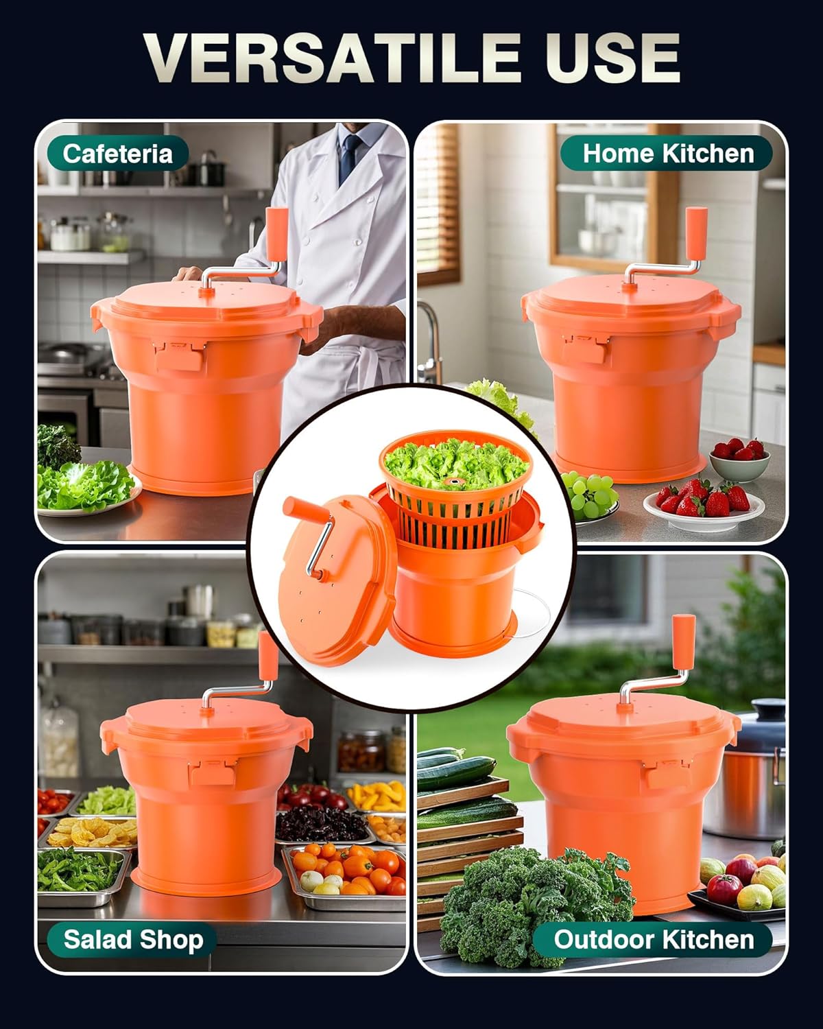 Commercial Salad Spinner - 2.3 Gallon Salad Dryer w/Silicone Anti-slip Mat & Draining Hose, 8Qt Manual Salad Spinner for 3 Heads of Lettuce Spinner Large for Catering