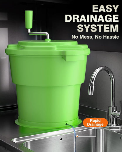 Commercial Salad Spinner - 2.3 Gallon Salad Dryer w/Silicone Anti-slip Mat & Draining Hose, 8Qt Manual Salad Spinner for 3 Heads of Lettuce Spinner Large for Catering