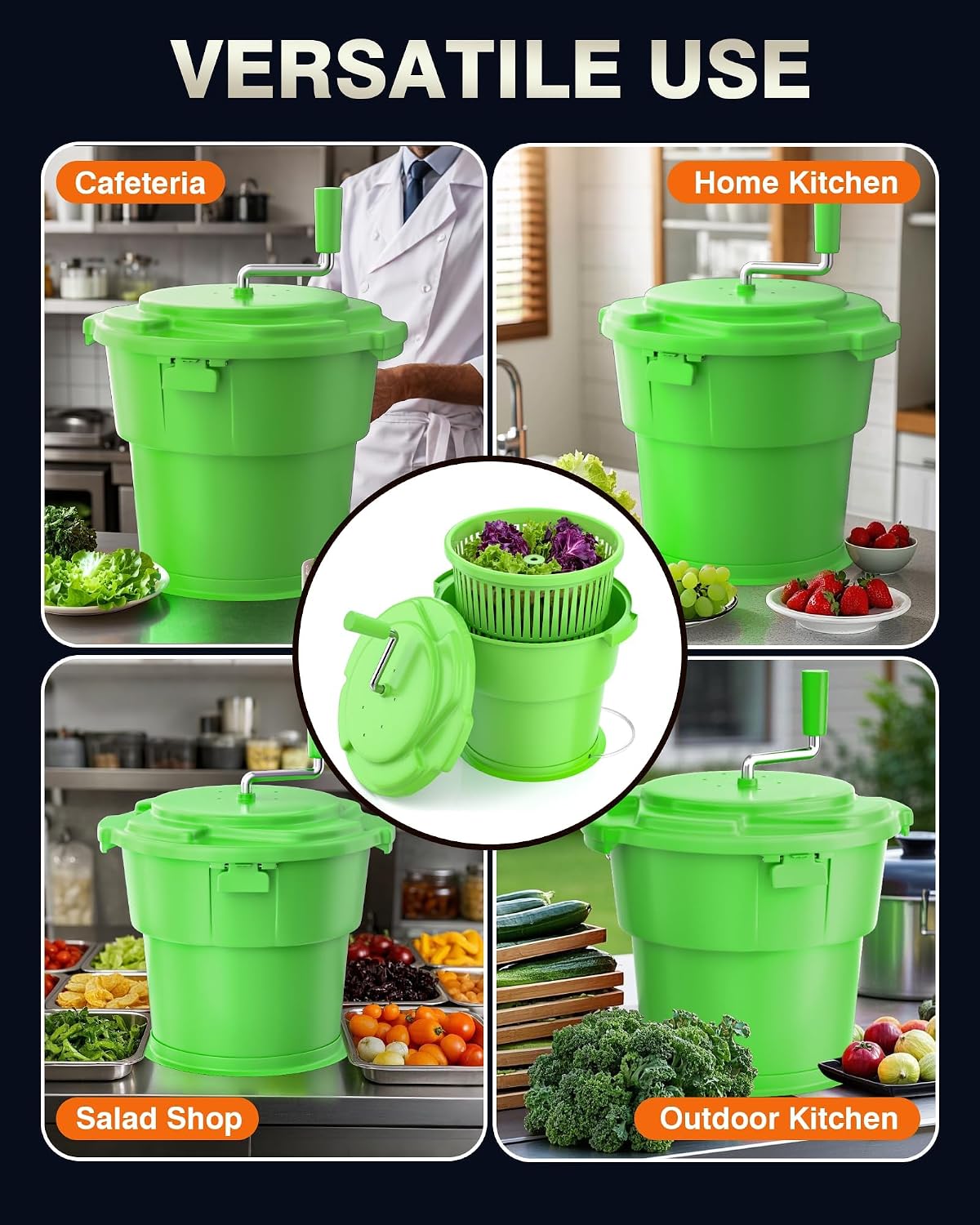 Commercial Salad Spinner - 2.3 Gallon Salad Dryer w/Silicone Anti-slip Mat & Draining Hose, 8Qt Manual Salad Spinner for 3 Heads of Lettuce Spinner Large for Catering