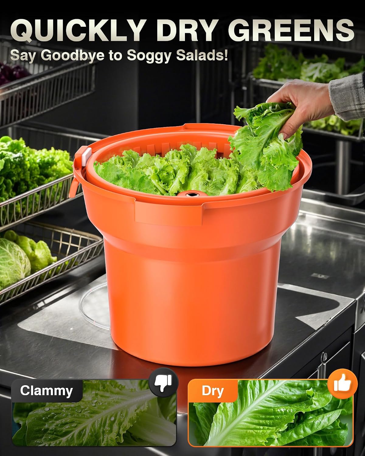 Commercial Salad Spinner - 2.3 Gallon Salad Dryer w/Silicone Anti-slip Mat & Draining Hose, 8Qt Manual Salad Spinner for 3 Heads of Lettuce Spinner Large for Catering