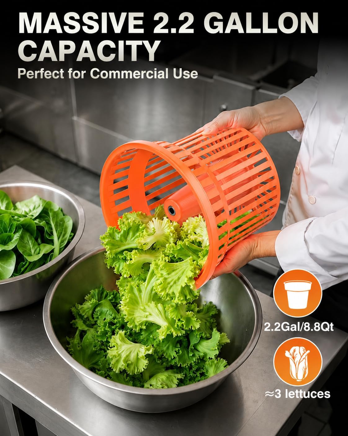 Commercial Salad Spinner - 2.3 Gallon Salad Dryer w/Silicone Anti-slip Mat & Draining Hose, 8Qt Manual Salad Spinner for 3 Heads of Lettuce Spinner Large for Catering