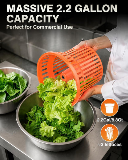 Commercial Salad Spinner - 2.3 Gallon Salad Dryer w/Silicone Anti-slip Mat & Draining Hose, 8Qt Manual Salad Spinner for 3 Heads of Lettuce Spinner Large for Catering